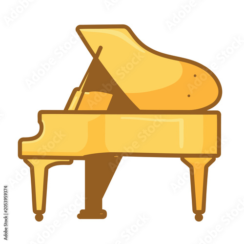Illustration of a golden grand piano with cartoonish design and simple shapes on a white backdrop