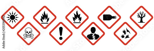 ghs hazard warning alert danger symbols in red white diamond set, safety classification icons on transparent background, chemical risk labeling collection for industrial and regulatory use.