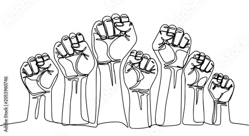 Fotografie Group of raised fists in continuous line drawing style, symbolizing unity and pr