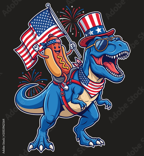 Patriotic Hot Dog Riding Blue T-Rex Dinosaur with American Flag for 4th of July Celebration Vector Illustration