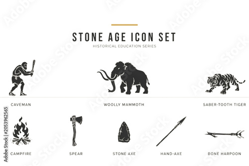 Photos Stone age human family with tools and animals illustration Vector