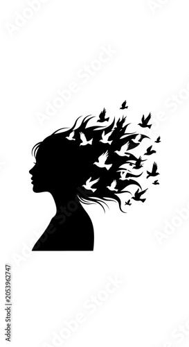 Silhouette of woman with birds flying.