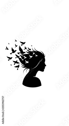 Silhouette of woman with birds escaping.