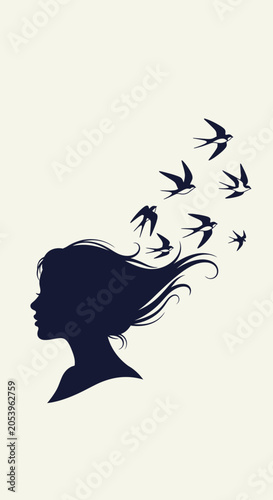 Silhouette of woman with birds flying.