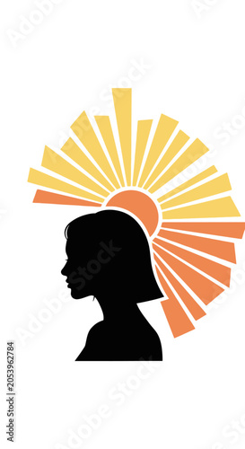 Silhouette of woman with sun rays.