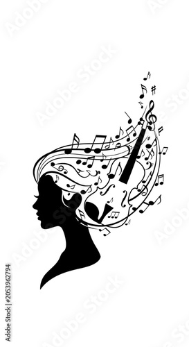 Silhouette of woman with musical notes.