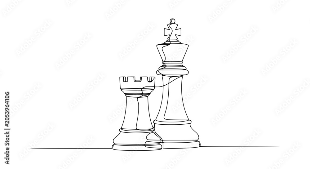 Obraz premium Continuous line drawing of chess king and rook pieces on white background, strategy concept