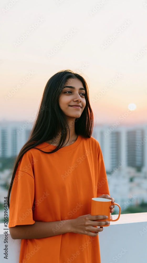Naklejka premium Smiling young woman on balcony with orange mug at sunset for cozy lifestyle background and wellness banner design