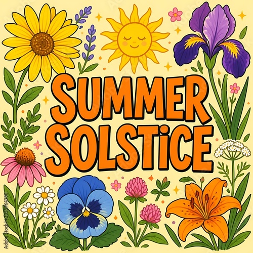 Summer solstice with sun and various colorful wildflowers on a light yellow background