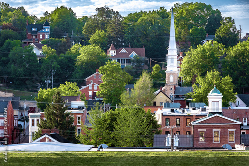 Bild auf Leinwand Landscape view of historic downtown Galena, Illinois, with church steeples, bric