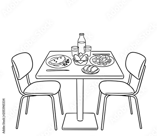 Dinner table and chairs with breakfast sketch