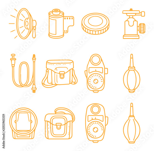 Foto Equipment set featuring a flash, roll, lens cap, tripod head, shutter release ca