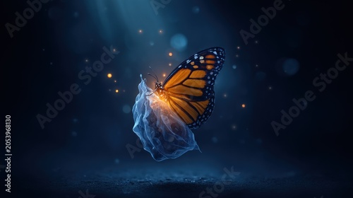 Vibrant orange butterfly emerges from a translucent cocoon in a dark, atmospheric setting
