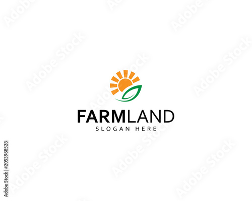 Landscape design logo, landscape vector logo. Farmland logo with green leaves and sun