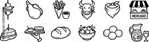 Foto Spanish Tapas and Traditional Food Line Art Icon Set