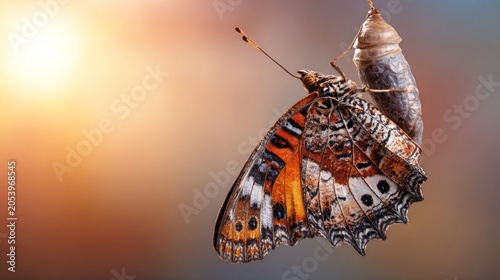Newly emerged butterfly clings beside its empty pupa case during a bright sunrise