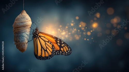 Vibrant butterfly emerges from its suspended casing with glowing particles surrounding it