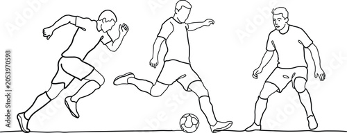 Continuous line drawing of soccer players playing a football match