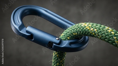 Mosquetón de escalada de aluminio anodizado conectado a cuerda de nailon trenzado