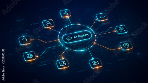 AI agentic workflow automation artificial intelligence agent software interface nodes triggers data tool dashboard coding icon flow process database technology.