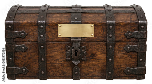 Quadro su tela Antique wooden treasure chest with blank brass plaque isolated
