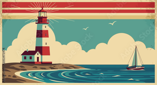 Tableau sur toile Retro lighthouse on coast with sailboat, vintage nautical scene, sea travel