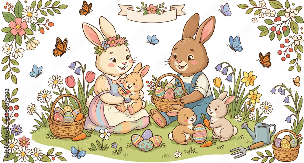 Fototapeta premium Cute Easter bunny family having a spring picnic with decorated eggs and floral baskets cartoon vector illustration