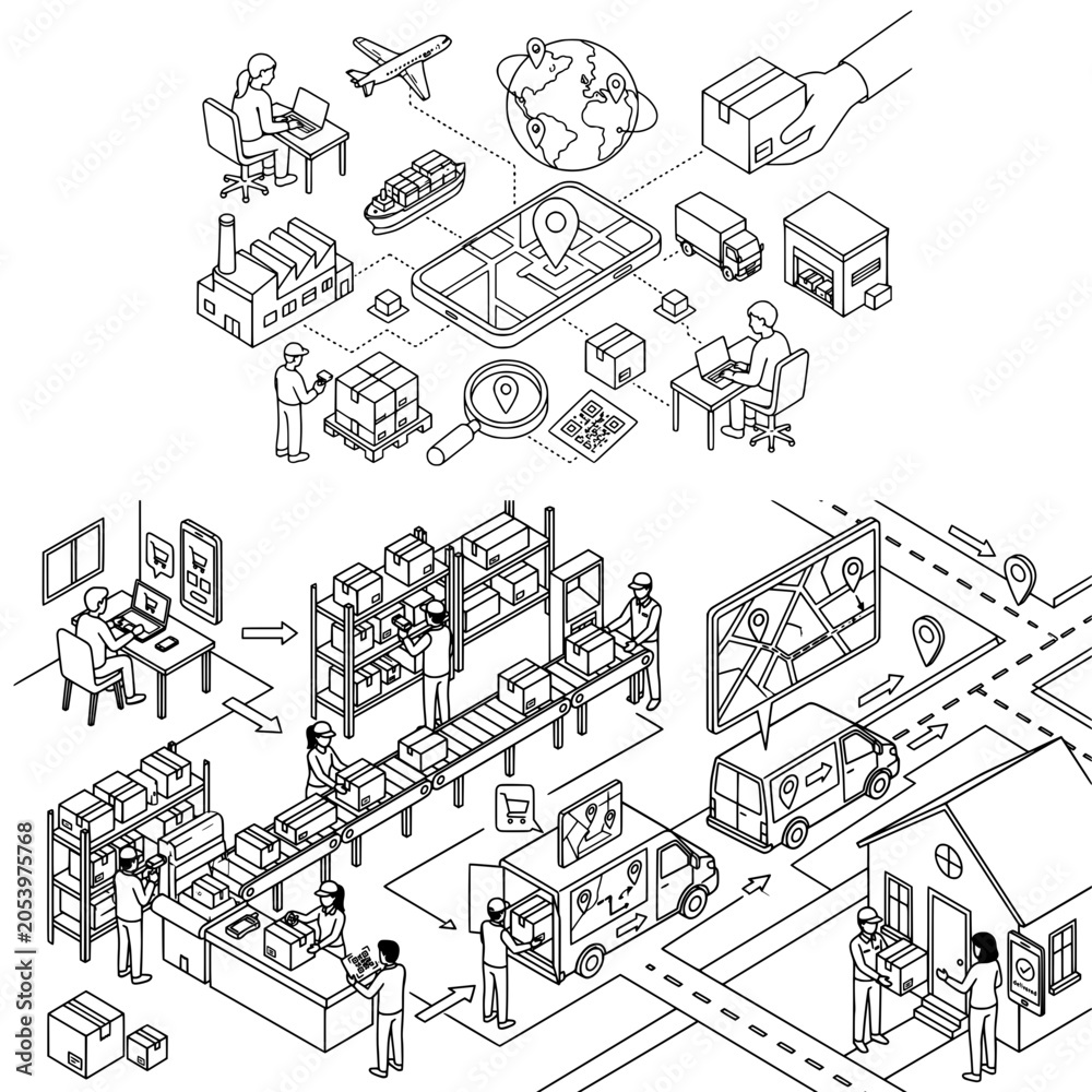 Obraz premium Isometric Logistics and Online Delivery System Workflow Line Art Vector Illustration