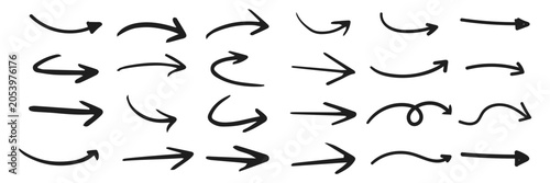Tableau sur toile Hand drawn doodle arrow set with curved and straight directions on white background