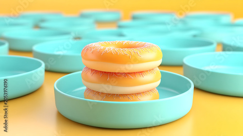 Stack of delicious sweet glazed doughnuts on a blue plate with doughnut culinary breakfast