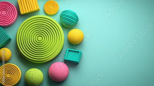 Assortment of colorful, textured geometric shapes arranged on a solid background for design use
