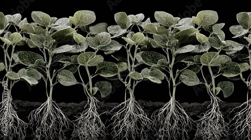 Multiple young green plants display extensive root systems extending into dark earth against a black background