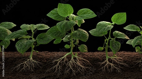 Sequence of young green seedlings display developed root systems beneath rich, dark soil against a black backdrop