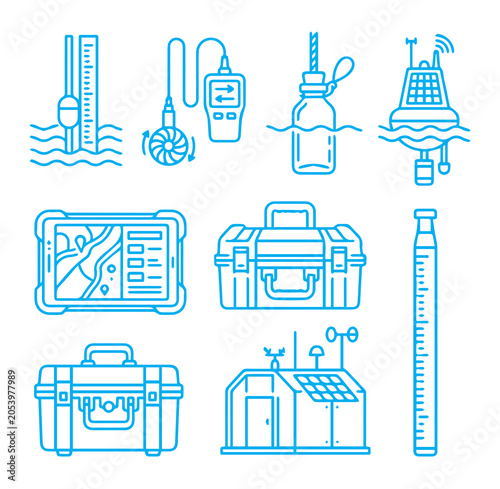 Collection of blue line featuring oceanographic research tools, survey tablets, transport cases, and water depth measuring equipment