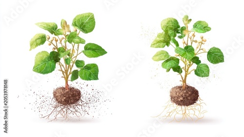 Two illustrations depict young flowering herbaceous plants with exposed root systems against a white background