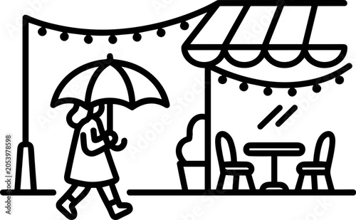 Billede på lærred Person with Umbrella Walks Past Outdoor Cafe in Rain, String Lights