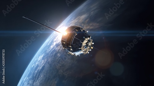 Advanced communication satellite orbits above the illuminated curve of the planet.