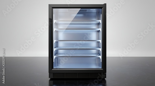 Modern Black Display Refrigerator with Glass Door and Multiple Shelves for Beverage Storage.