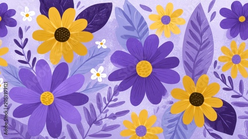 Vibrant floral pattern featuring purple and yellow blossoms with deep purple foliage against a light lavender backdrop.