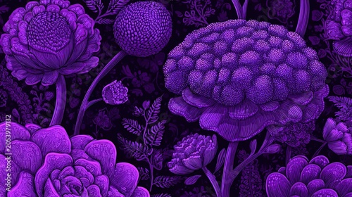 Detailed botanical illustration depicts vibrant purple flora against a dark background