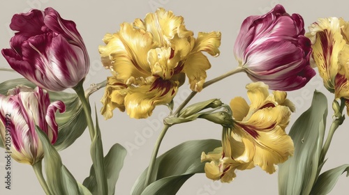 Detailed botanical illustration showcases vibrant parrot and bicolored tulips against a muted background