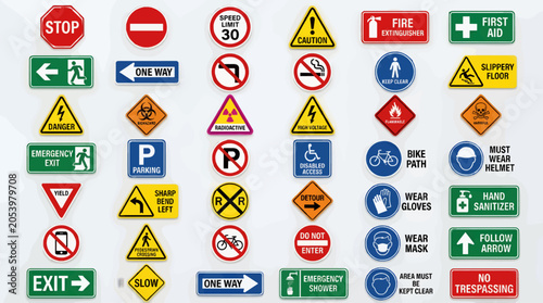 Schilderij op canvas Collection of Safety and Directional Signs, Including Stop, Exit, Caution, Hazar