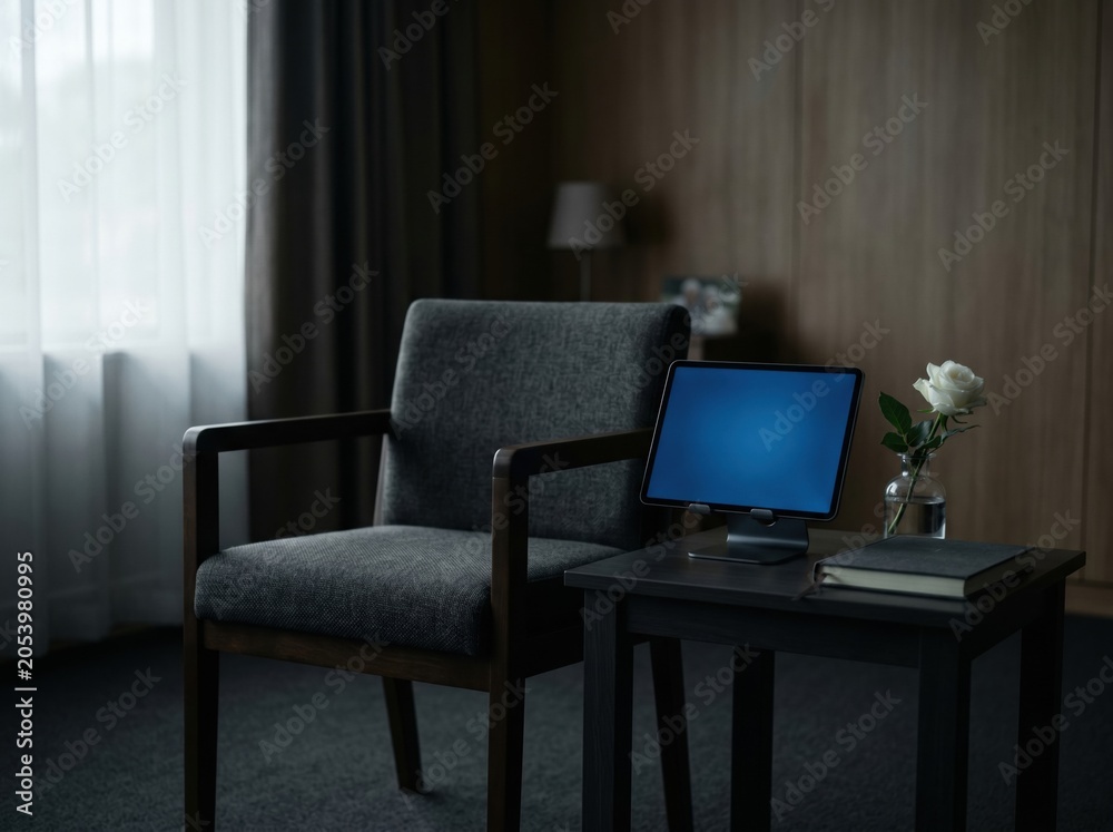 Fototapeta premium Funeral livestream frozen beside empty guest chair for hybrid mourning concept