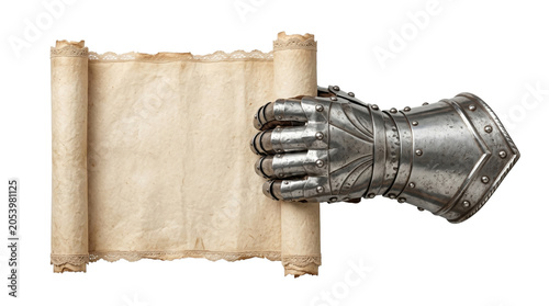 Cuadro en lienzo Knight gauntlet holding blank parchment scroll