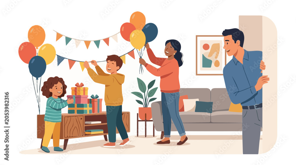 Fototapeta premium Happy family preparing a surprise birthday party with colorful balloons and decorations in a cozy living room at home