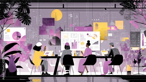 Diverse professionals collaborate in a modern office setting surrounded by glowing data visualizations.