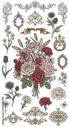 Elegant Floral Arrangement with Decorative Ornaments and Vintage Frames.