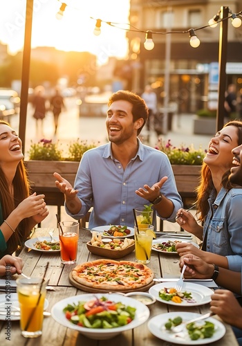 Friends Enjoying Pizza and Drinks at Outdoor Restaurant.
