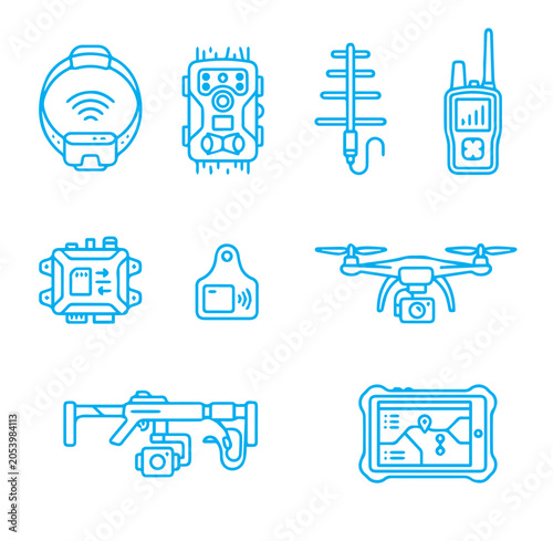 Blue line set depicting wildlife tracking devices, camera traps, radio antennas, handheld transmitters, drones, and field tablet computers