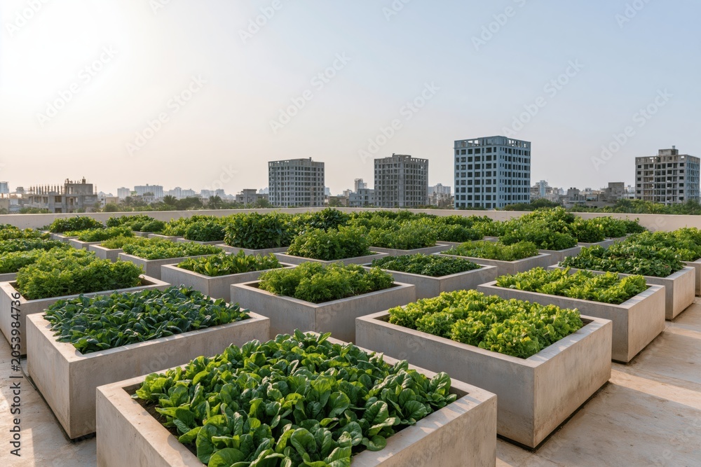 Fototapeta premium Rooftop garden with organic vegetable farming in sustainable urban city planters